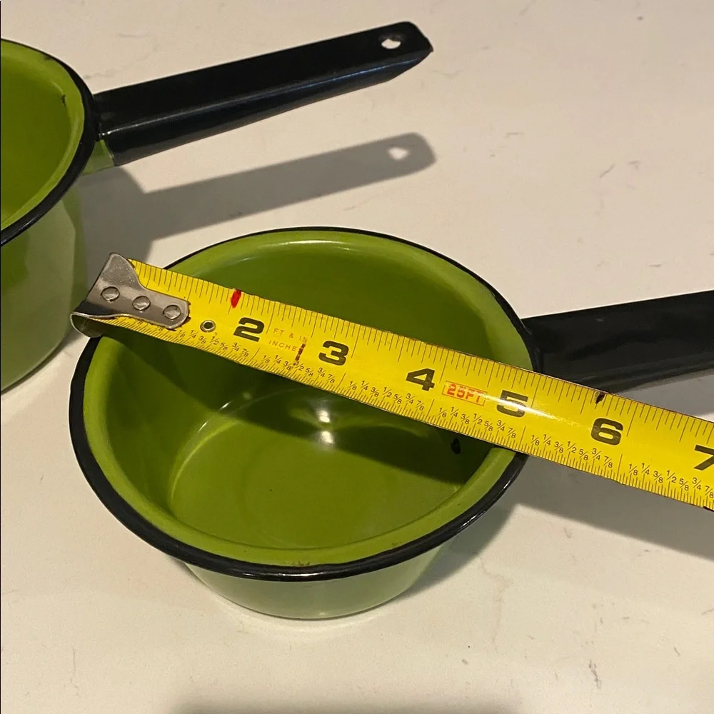 Vintage Green Enamelware Sauce Pans Lot of 2 Black Rim Pot 5”& 6